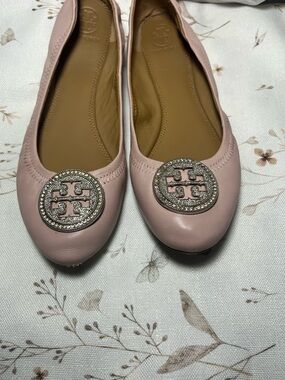 Tory Burch Blush Pink Leather Logo Ballet Flats with Crystal Medallion